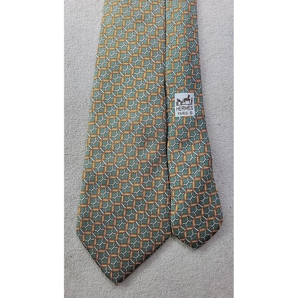 Hermes Men's OS Designer Necktie 100% Silk Green Gold Print Business Work Tie